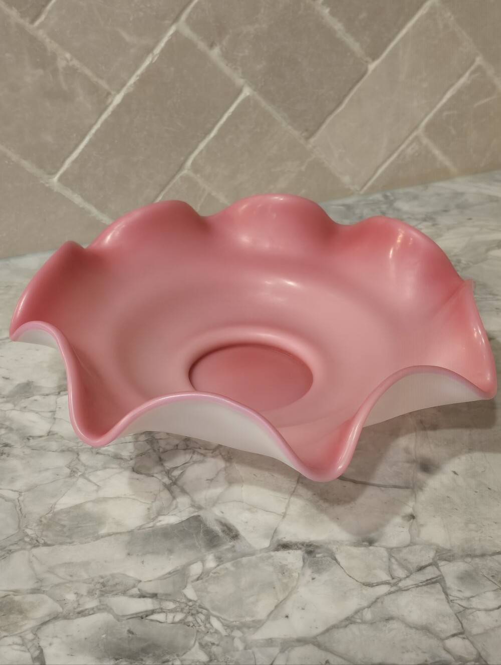 Beautiful Antique Fenton Pink Cased Art Glass Bowl 11" Ruffled Dish Feminine